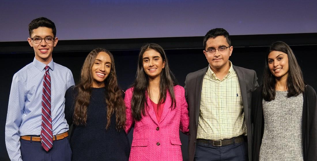 From right to left: Isaac Hertenstein, Rachel Holmes, Sahana Mantha, Faaris Zuberi, Ella Gupta,  the five grand prize winners of Prudential Emerging Visionaries. 